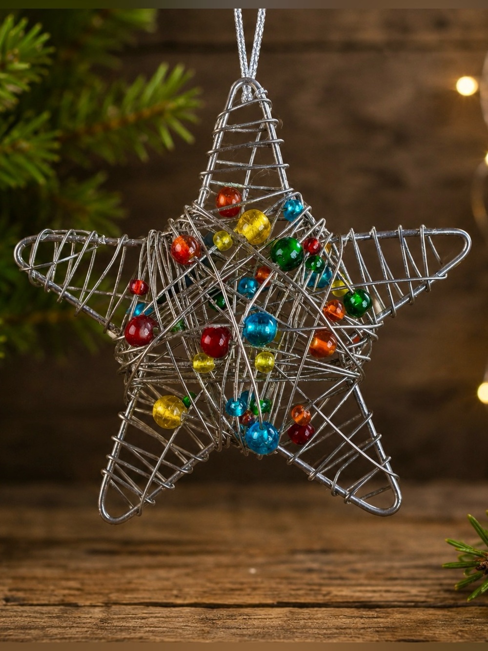 Christmas Wire Wrapped Star Woven Beaded Wire Multicolor Large Hanging Ornament